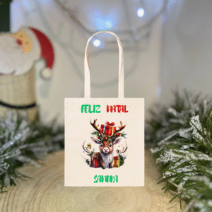 Saco de Natal Personalizado 140g com Rena e Nome – “Feliz Natal” em Cores Festivas