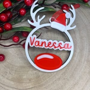 Enfeite de Natal Personalizado em MDF e Acrílico – Rena com Nome e Gorro de Pai Natal