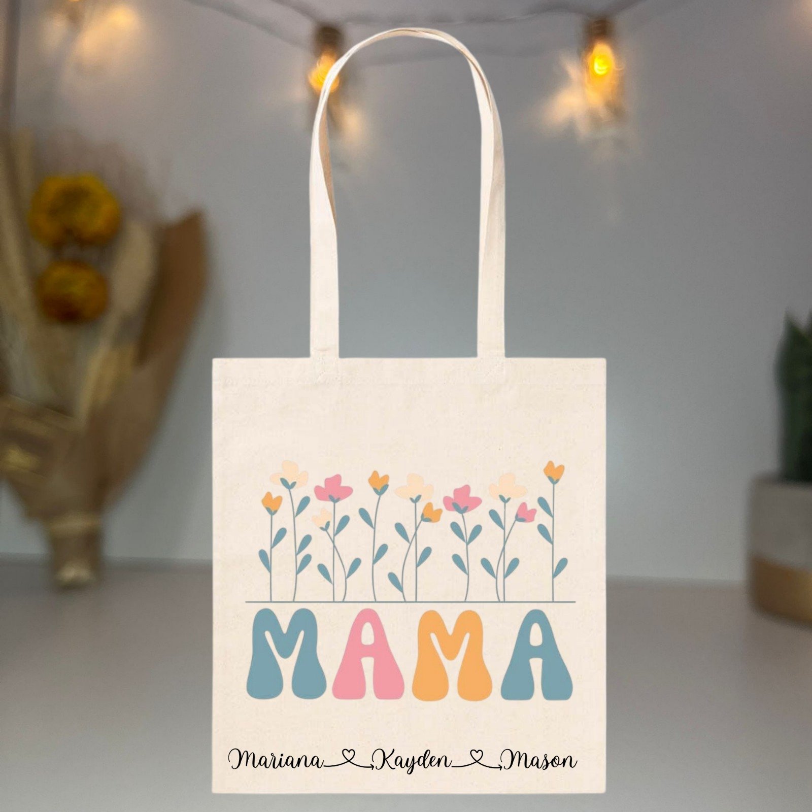 Saco Personalizado “Mamã” com Nomes e Flores – 100% Algodão 140 g