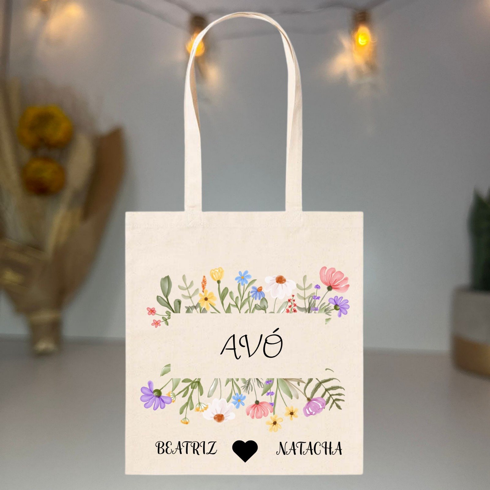 Saco Personalizado “Avó” com Nomes e Flores – 100% Algodão 140 g