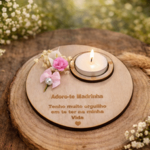 🕯️🌸 Suporte de Vela em Madeira “Adoro-te Madrinha”