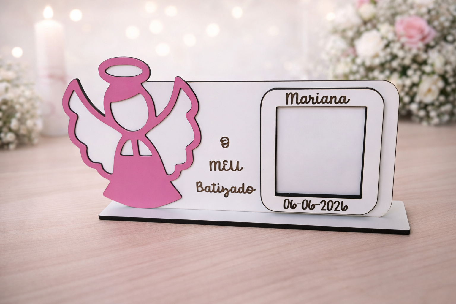 Moldura de Batizado Personalizada com Anjo em MDF e Acrílico – Com Nome e Data | Lembrança Premium